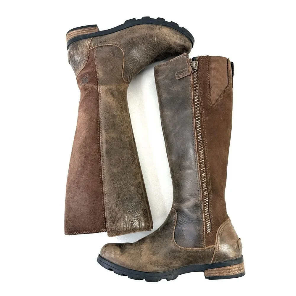 Sorel Boots Womens 6.5 Emelie Tall Riding Brown Leather Side Zip Knee High Block